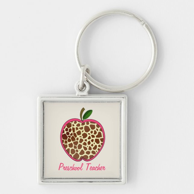 Preschool Teacher Giraffe Print Apple Key Ring (Front)