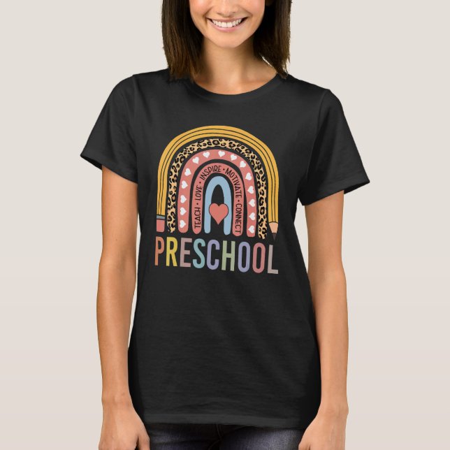 Preschool Teacher Leopard Print Cute Women Rainbow T-Shirt (Front)