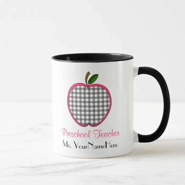 Preschool Teacher Mug - Grey Gingham Apple w Pink (Right)