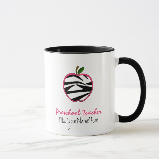 Preschool Teacher Mug - Zebra Print Apple (Right)