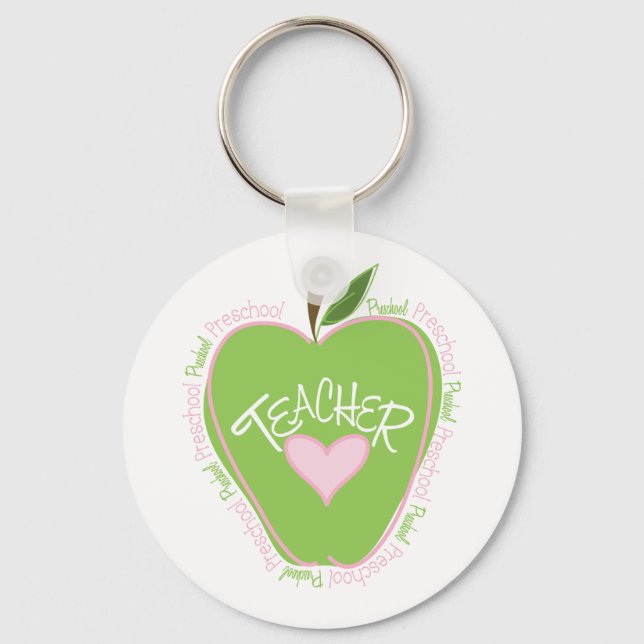 Preschool Teacher Pink & Green Apple Key Ring (Front)