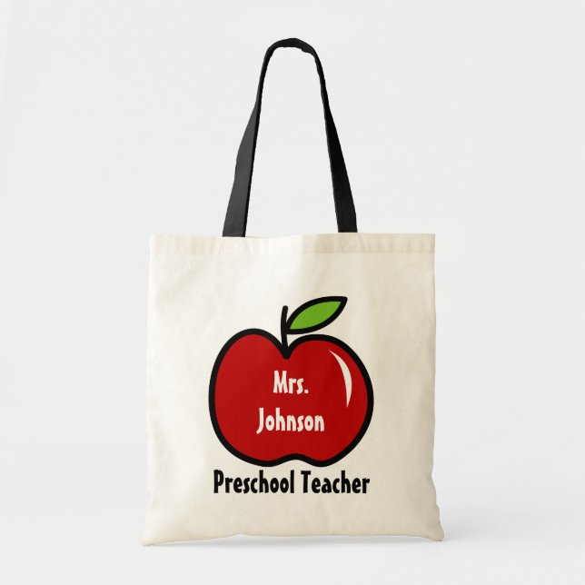 Preschool teacher tote bag | Personalise red apple (Front)