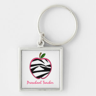 Preschool Teacher Zebra Print Apple Key Ring