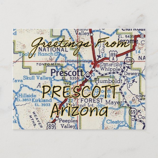 Prescott AZ Vintage Map Postcard (Front)