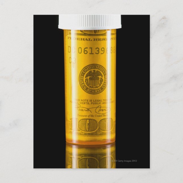 Prescription bottle with one hundred dollar bill postcard (Front)