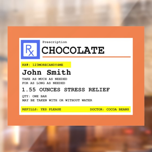 Prescription Chocolate Personalised Patient Name Window Cling (Sheet 2)