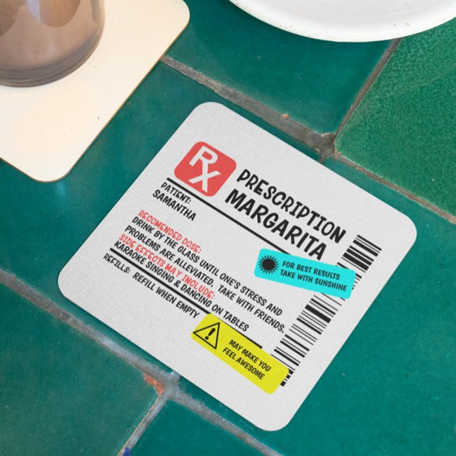 Prescription Margarita Funny Warning Label   Square Paper Coaster (Creator Uploaded)