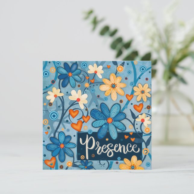 Presence Inspiring Heart Floral Pretty Blue Holiday Card (Standing Front)