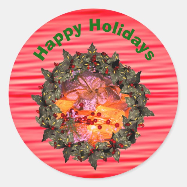 Present Bow Holly Wreath Christmas Holiday  Classic Round Sticker (Front)
