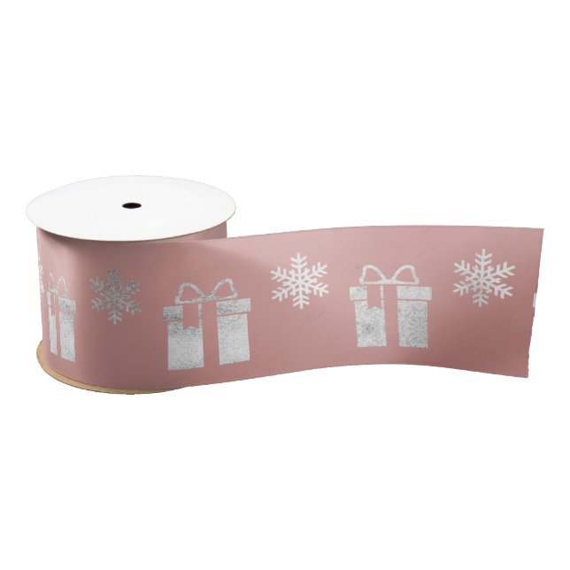 Present Gift Snowflakes Silver Pink Rose Gold Satin Ribbon (Spool)