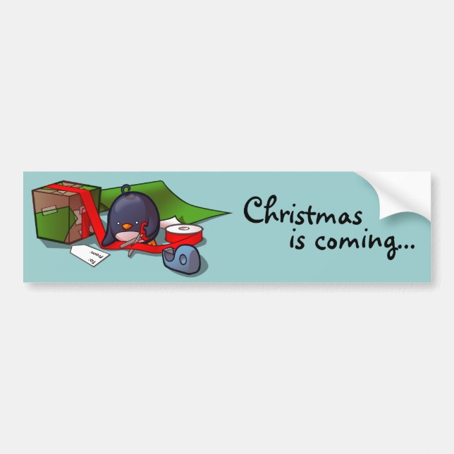 Present-Wrapping Penguin Bumper Sticker (Front)
