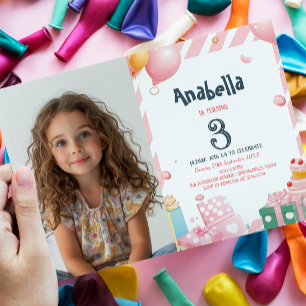 Presents and balloons Pink Girl Birthday Party Invitation
