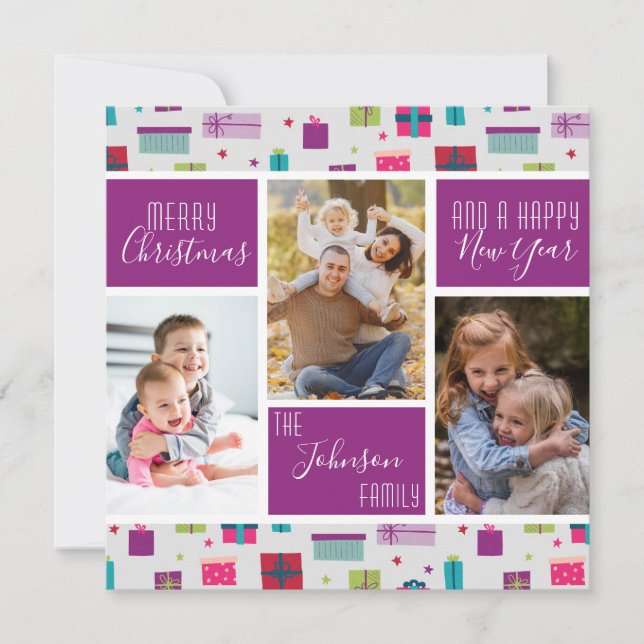 Presents Merry Christmas Family Photo Collage Holiday Card (Front)