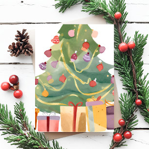 Presents Under the Christmas Tree Watercolor Holiday Postcard