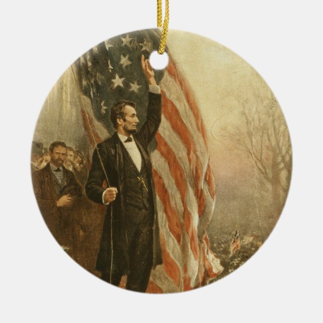 President Abraham Lincoln Under the American Flag Ceramic Tree Decoration (Front)