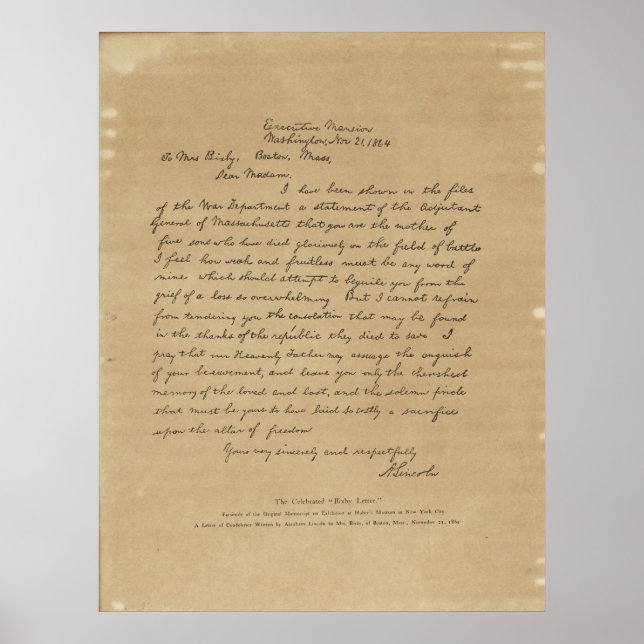 President Abraham Lincoln's Letter to Mrs. Bixby Poster (Front)