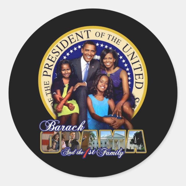 PRESIDENT BARACK OBAMA AND FAMILY CLASSIC ROUND STICKER (Front)