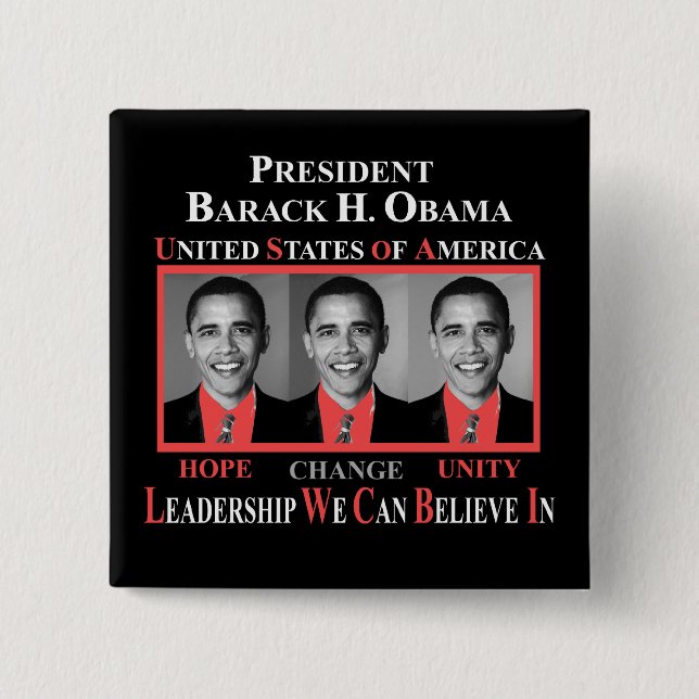PRESIDENT BARACK OBAMA - RED 15 CM SQUARE BADGE (Front)