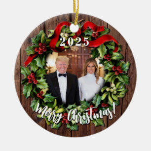 President Donald Trump & Melania 2023 Holly Wreath Ceramic Tree Decoration