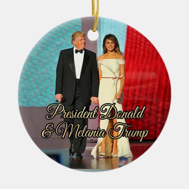 President Donald Trump & Melania Photo Ceramic Tree Decoration (Front)