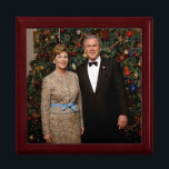 President George Bush, Laura Christmas White House Gift Box<br><div class="desc">George & Laura Bush Christmas White House Portrait. George W. Bush, America’s 43rd President (2001-2009), was transformed into a wartime President in the aftermath of the airborne terrorist attacks on September 11, 2001, facing the “greatest challenge of any President since Abraham Lincoln.” --- The airborne terrorist attacks on the World...</div>