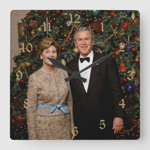 President George Bush, Laura Christmas White House Square Wall Clock