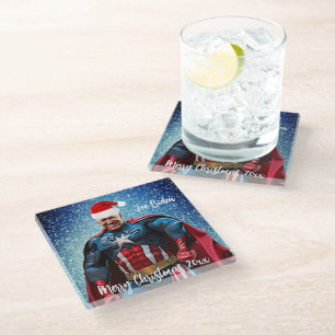 President Joe Biden and Santa Hat Glass Coaster