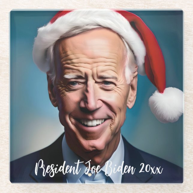 President Joe Biden and Santa Hat   Glass Coaster (Front)