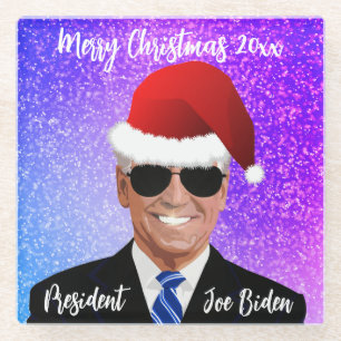 President Joe Biden and Santa Hat Glass Coaster