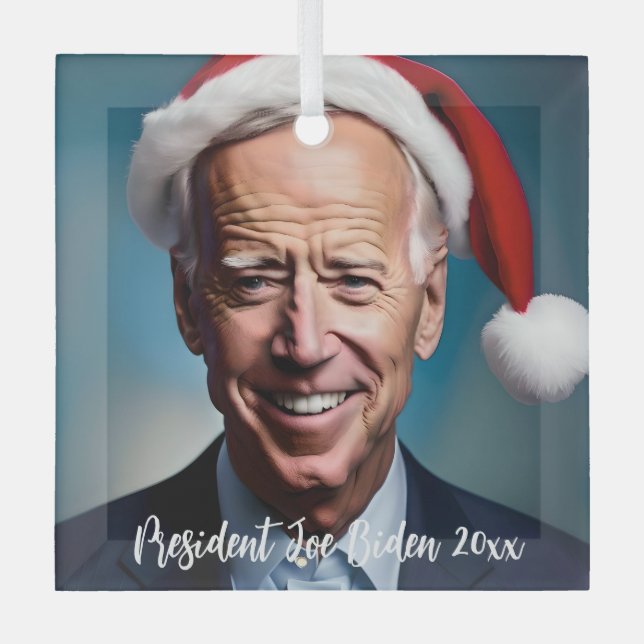 President Joe Biden and Santa Hat   Glass Tree Decoration (Front)