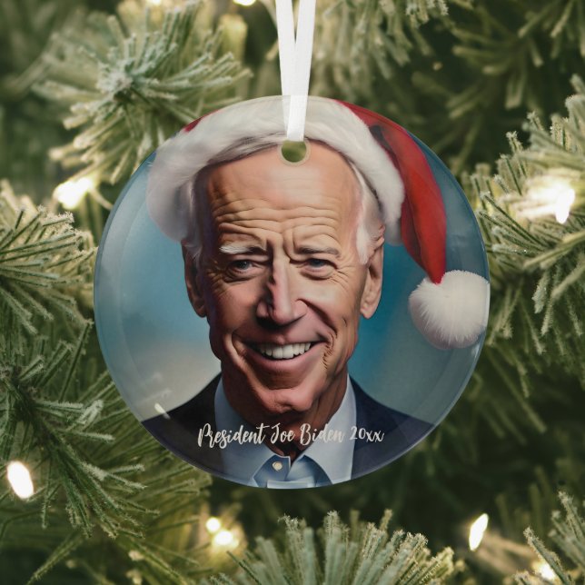 President Joe Biden and Santa Hat   Glass Tree Decoration (Insitu)