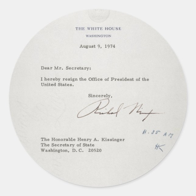 President Richard M. Nixon Resignation Letter Classic Round Sticker (Front)