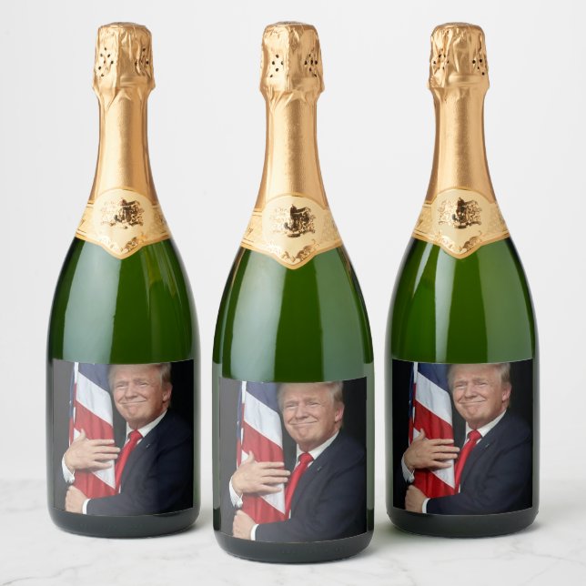 President Trump Hugging the American Flag Sparkling Wine Label (Bottles)