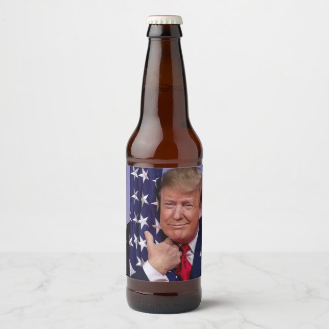 President Trump Hugging the Flag Beer Bottle Label (Front)