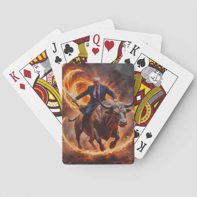 President Trump Rides Bull with Sword playing card (Back)