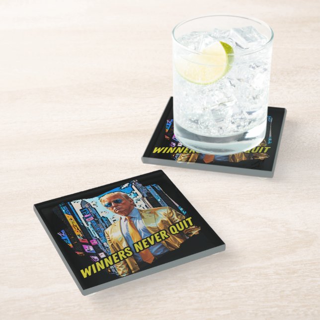 President Trump - Winners Never Quit Glass Coaster (Angled)