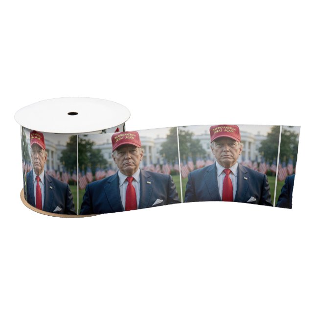 President Trump With a Red MAGA Hat Satin Ribbon (Spool)