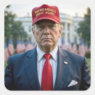 President Trump With a Red MAGA Hat Square Sticker
