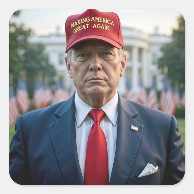 President Trump With a Red MAGA Hat Square Sticker (Front)