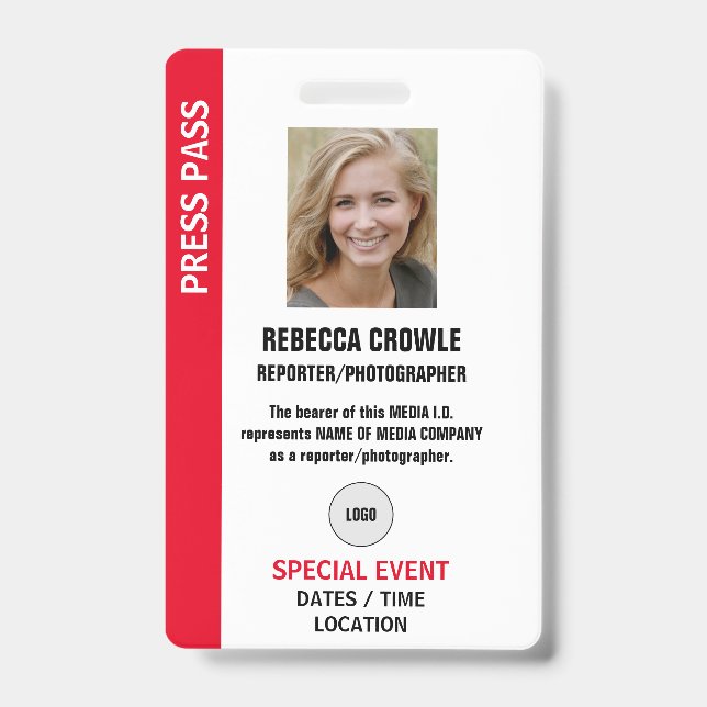 PRESS PASS Photo I.D. Badge ID Badge (Front)