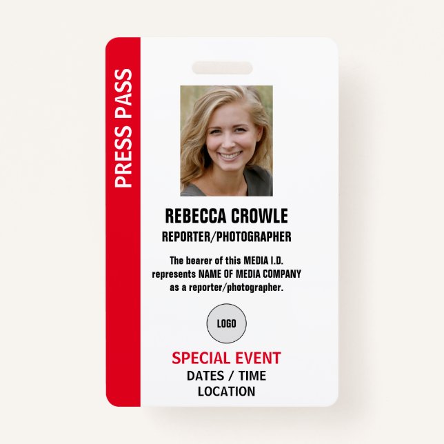 PRESS PASS Photo I.D. Badge ID Badge (Front)