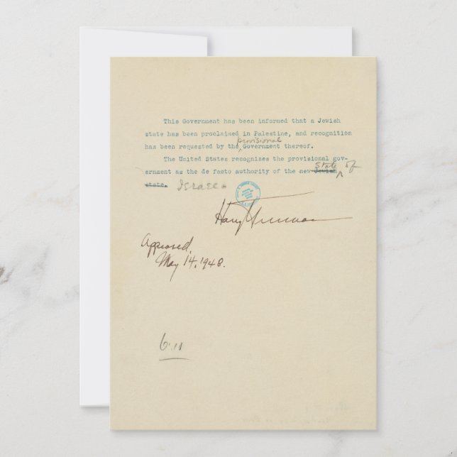 Press Release Announcing US Recognition of Israel Announcement (Front)