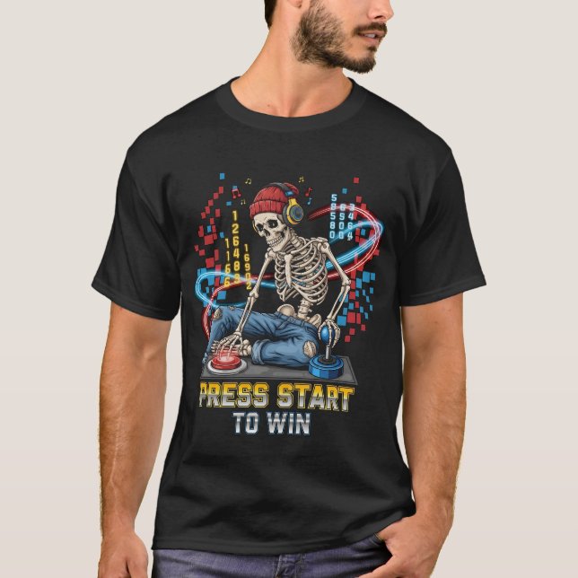 Press Start To Win Skeleton Gamer T-Shirt | Funny  (Front)