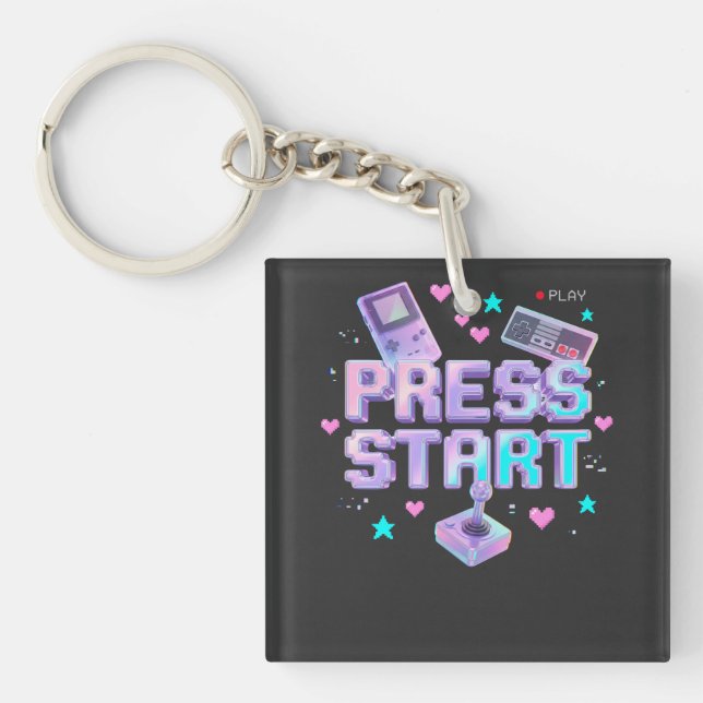 Press Start Y2K Retro Gaming Arcade Chrome 90s Gam Key Ring (Front)