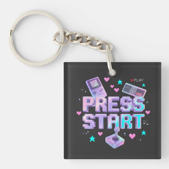Press Start Y2K Retro Gaming Arcade Chrome 90s Gam Key Ring (Front)