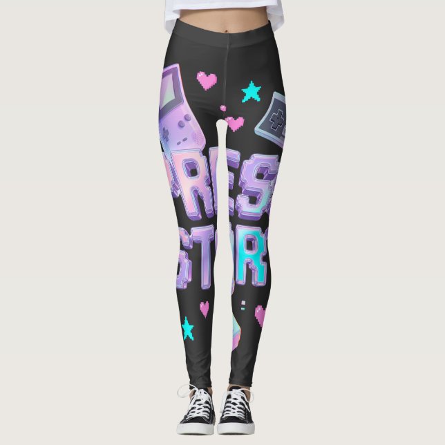 Press Start Y2K Retro Gaming Arcade Chrome 90s Gam Leggings (Front)