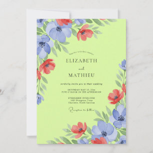 Pressed Chartreuse Periwinkle Poppy Wedding Invitation