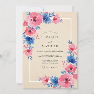 Pressed Cobalt Magenta Petal Wedding Invitation