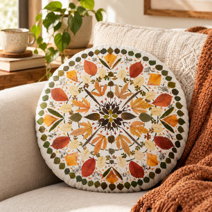 Pressed Flower Mandala l Autumn Botanical Floral  Round Cushion