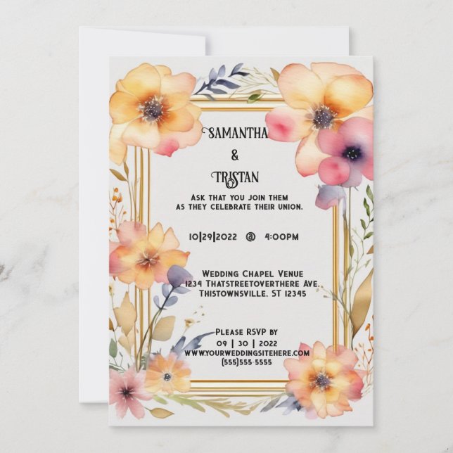 Pressed Flower Watercolor Gold Trim Wedding Invitation (Front)